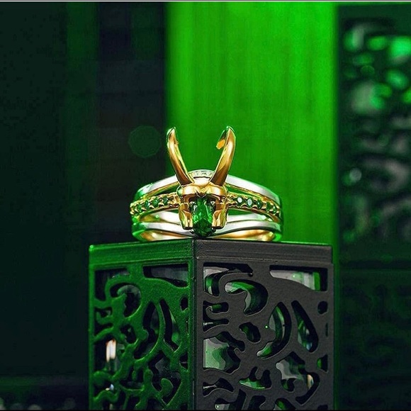 Loki rings 3 pc set new green silver gold rhinestone love Loki horns - Picture 7 of 14